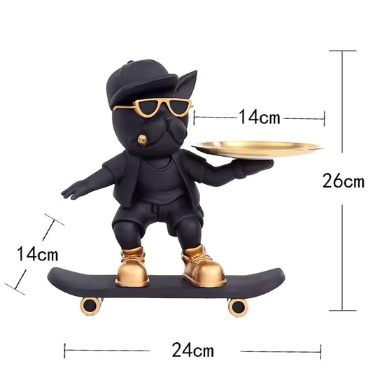 Statue de Bouledogue Français Skateboard – Figurine Déco Moderne & Plateau Métal – Décoration Intérieure Tendresse