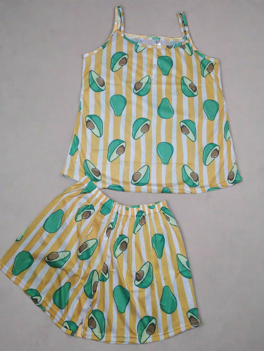 Pyjama Femme 100% Coton – Motif Avocat Fun & Rayures Vitaminées