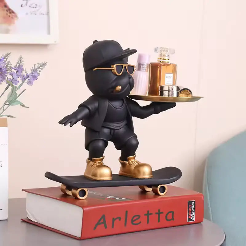 Statue de Bouledogue Français Skateboard – Figurine Déco Moderne & Plateau Métal – Décoration Intérieure Tendresse