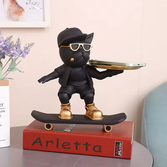 Statue de Bouledogue Français Skateboard – Figurine Déco Moderne & Plateau Métal – Décoration Intérieure Tendresse